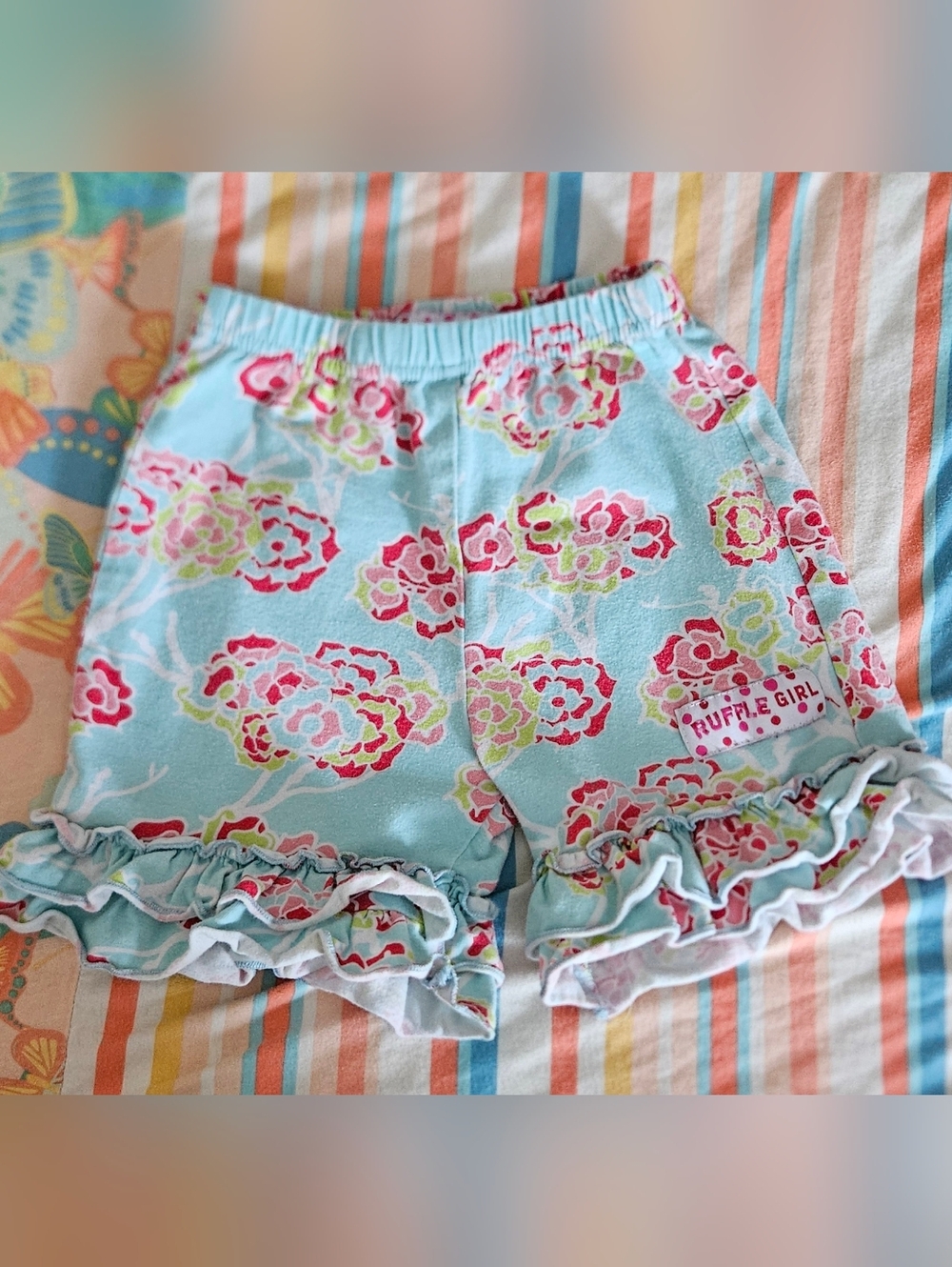 Ruffle Girl Aqua Floral Girls Shorts, Size 5